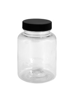 Plastic bottle with wide neck 200 ml limpid with black cap, thread GL44